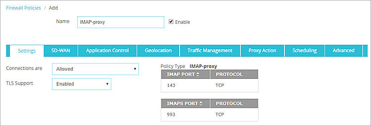 Screen shot of the IMAP-proxy Settings tab