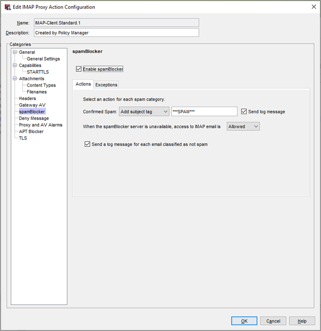 Screen shot of the spamBlocker settings in an IMAP proxy action in Policy Manager