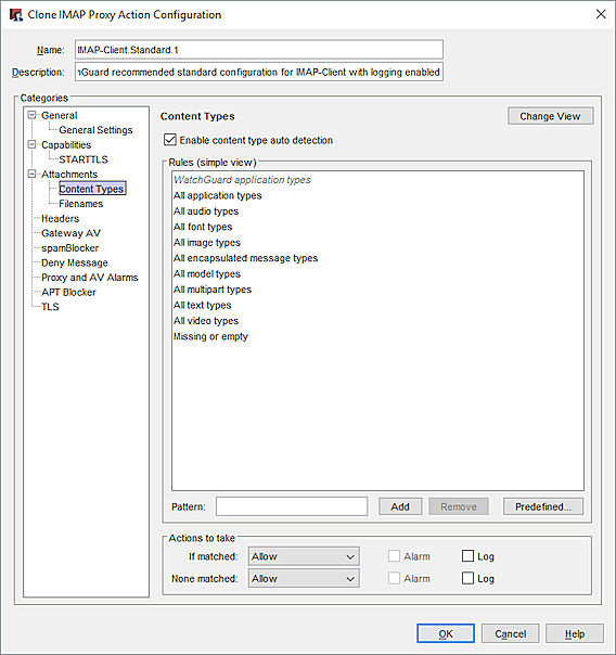 Screen shot of the xxx settings in an IMAP proxy action in Policy Manager
