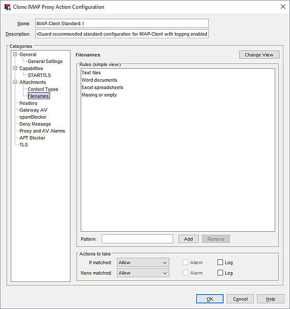 Screen shot of the Filenames settings in an IMAP proxy action in Policy Manager