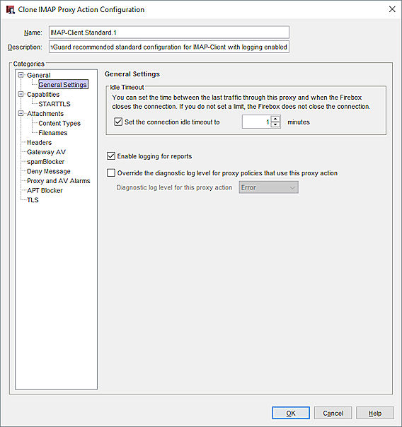 Screen shot of the General Settings in an IMAP proxy action in Policy Manager