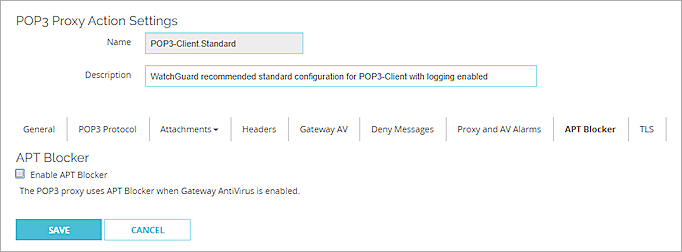 Screen shot of the Edit POP3-Proxy Action page, APT Blocker settings