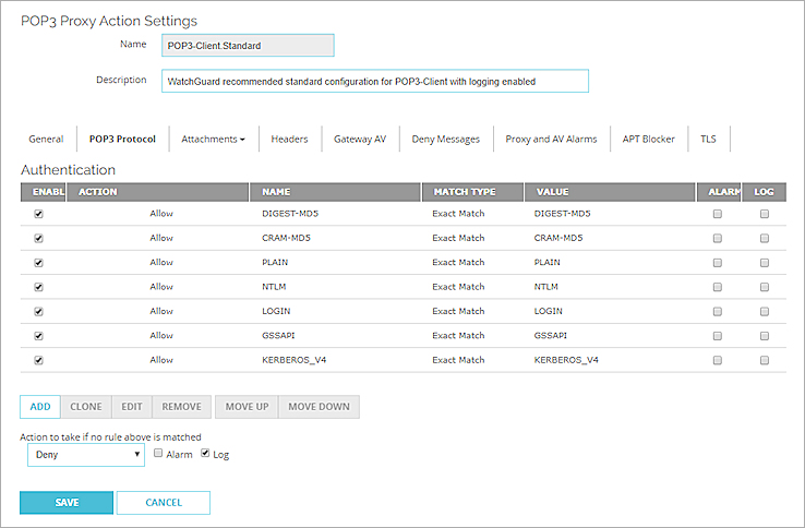 Screen shot of the POP3 Protocol settings
