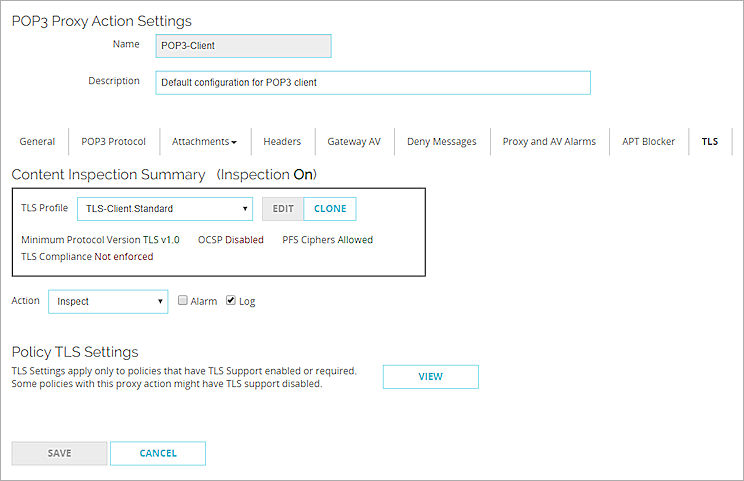 Screenshot of the TLS settings for an POP3 proxy action in Fireware Web UI