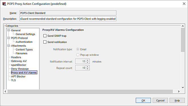 Screenshot of the Proxy and AV Alarms settings for a POP3 proxy action in Fireware Web UI