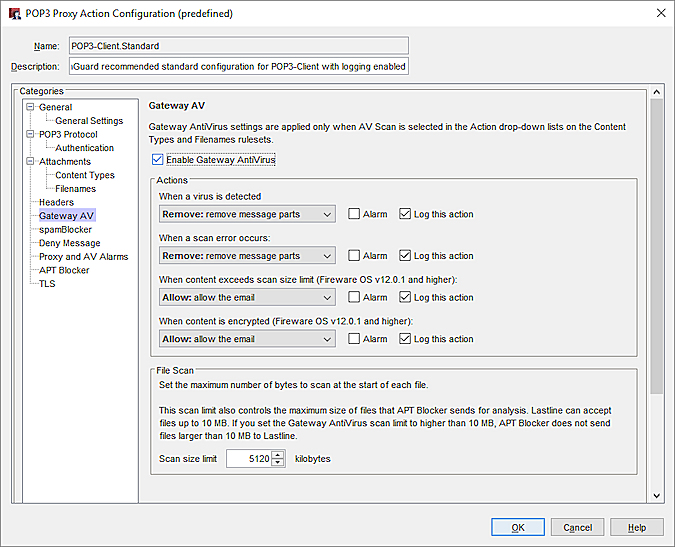 Screen shot of the AntiVirus settings in a POP3 proxy action in Policy Manager