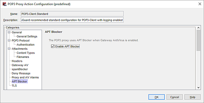 Screen shot of the Edit POP3-Proxy Action page, APT Blocker settings