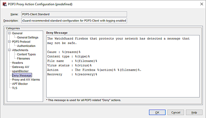 Screen shot of the POP3 Proxy Action Configuration dialog box, Deny Message page