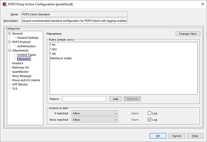 Screen shot of the Filenames rules in a POP3 proxy action in Policy Manager
