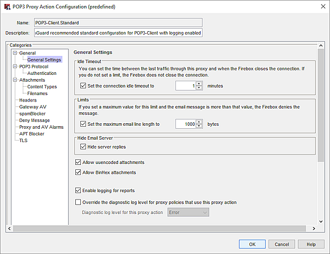 Screen shot of the POP3 Proxy Action Configuration dialog box, General Settings page