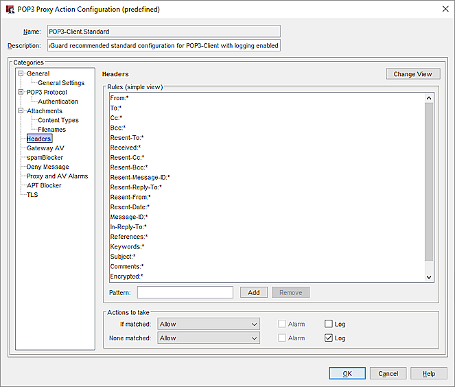 Screen shot of the POP3 Proxy Action Configuration dialog box, Headers page