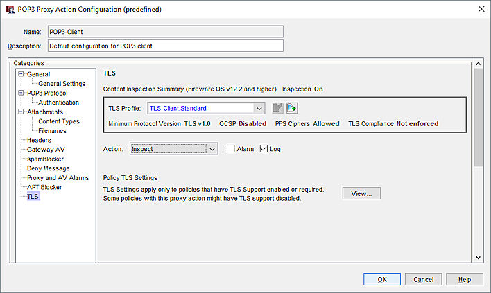 Screen shot of the TLS settings in an POP3 proxy action in Policy Manager