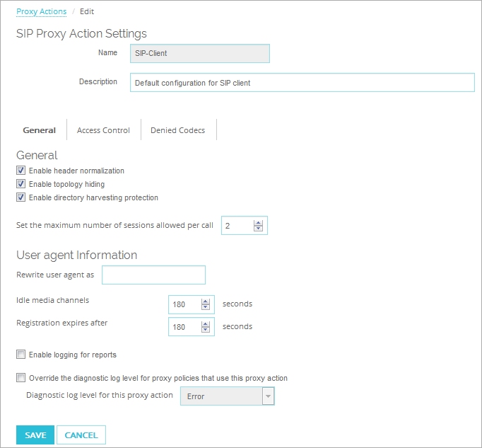 Screen shot of the Edit Proxy Action page for the SIP-Client, General settings category