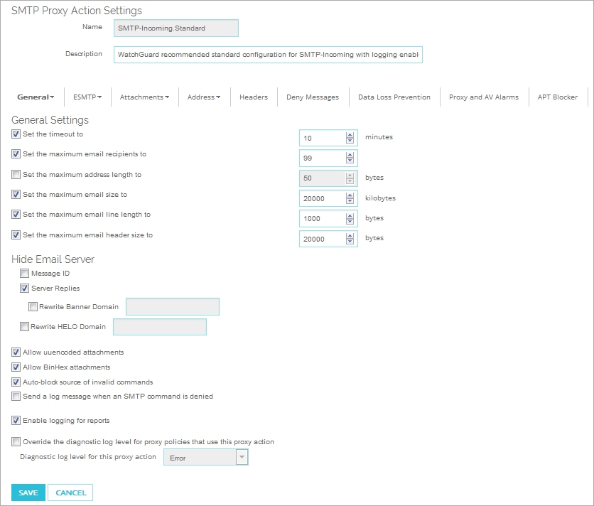 Screen shot of the Edit Proxy Actions page for the SMTP-Incoming proxy action, General Settings category