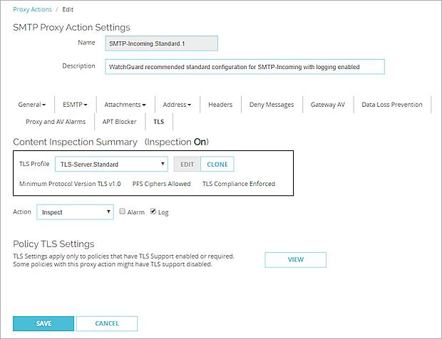 Screenshot of the TLS settings for an SMTP proxy action in Fireware Web UI
