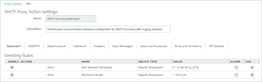 Screen shot of the SMTP Edit Proxy Action page, Greeting Rules settings