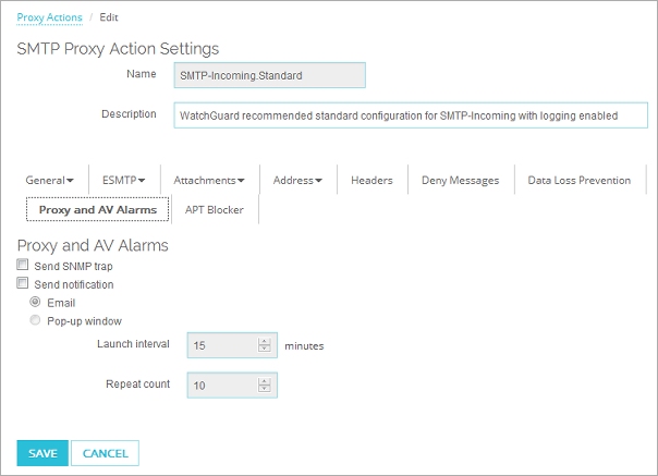 Screen shot of the Proxy and AV Alarms settings for an SMTP proxy action in Fireware Web UI