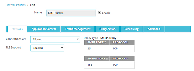 Screen shot of the SMTP-proxy Settings tab