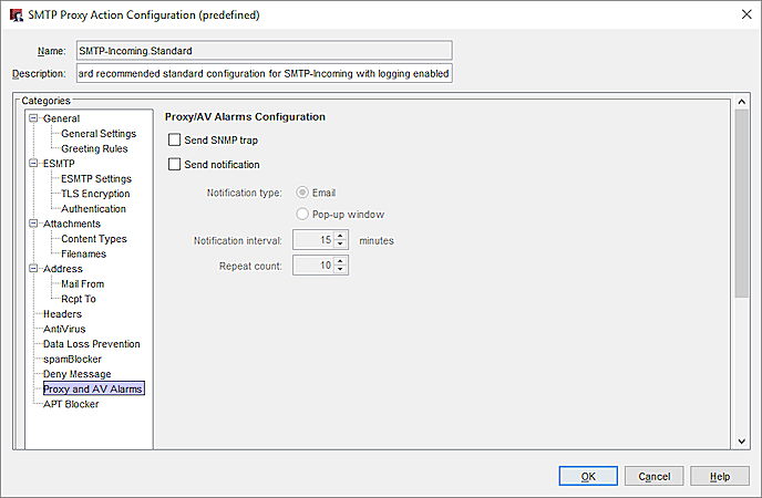 Screen shot of the Proxy and AV Alarms settings for an SMTP proxy action in Policy Manager