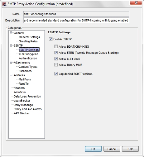 Screen shot of the SMTP Proxy Action Configuration dialog box, ESMTP Settings page