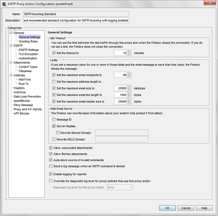 Screen shot of the SMTP Proxy Action Configuration dialog box, General Settings page