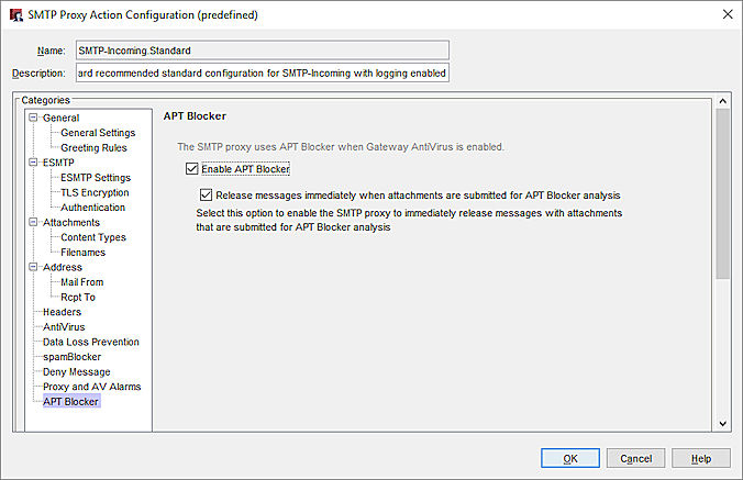Screen shot of the SMTP Proxy Action Configuration dialog box, APT Blocker page