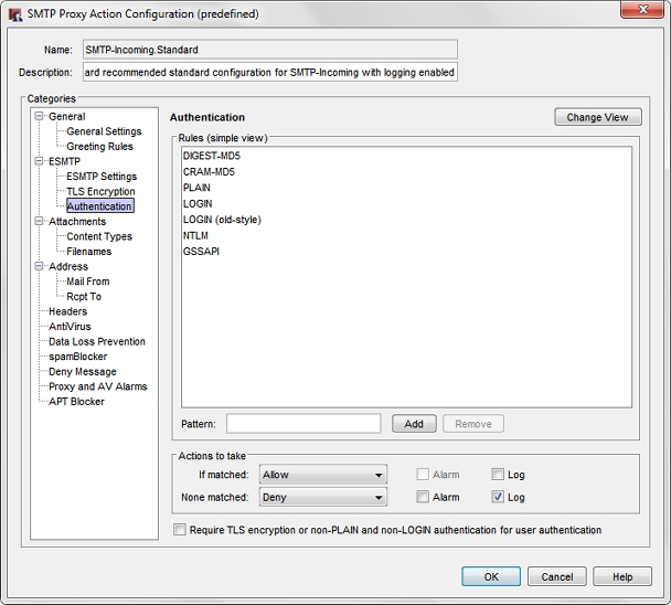 Screen shot of the SMTP-Incoming Proxy Action Configuration dialog box, ESMTP Authentication settings