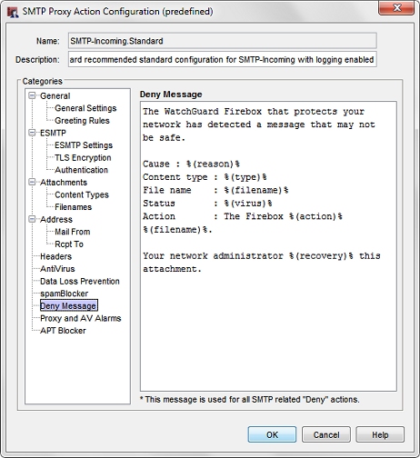 Screen shot of the SMTP-Incoming Proxy Action Configuration dialog box, Deny Message page