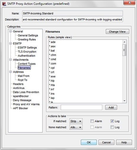 Screen shot of the SMTP-Incoming Edit Proxy Action dialog box, Attachments Filenames page