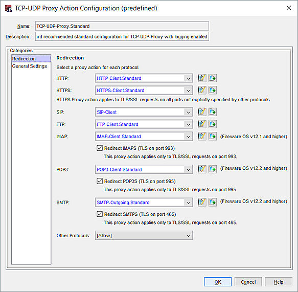 Screen shot of the TCP-UDP Proxy Action Configuration dialog box, Redirection category