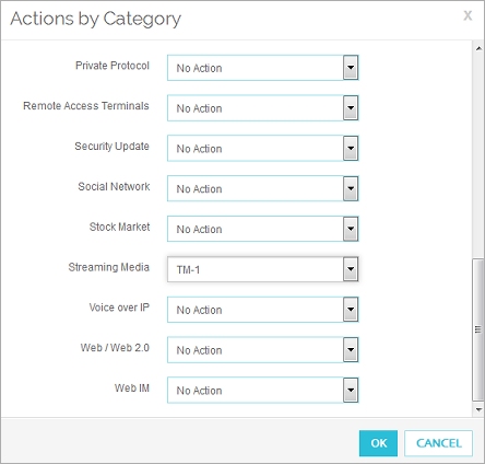 Screen shot of the Actions by Category dialog box with Streaming Media set to use a Traffic Management action