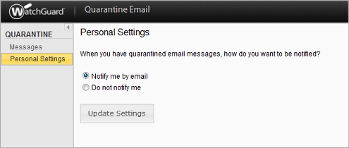 Screen shot of the Quarantine Email web UI Personal Settings page