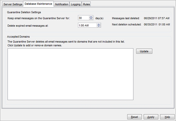 Screen shot of the Database Maintenance tab