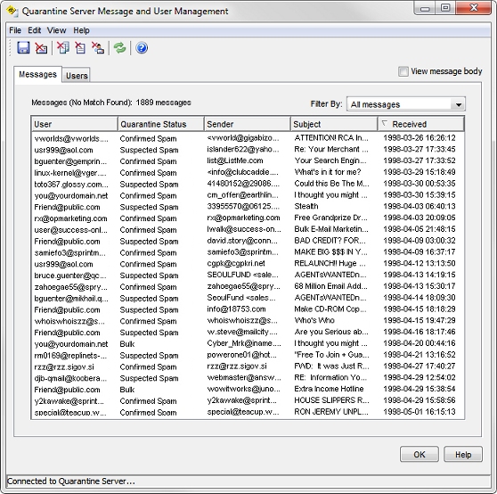 Screen shot of the Quarantine Server Message and User Management dialog box