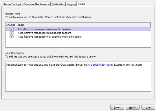 Screen shot of the Quarantine Server Configuration dialog box, Rules tab
