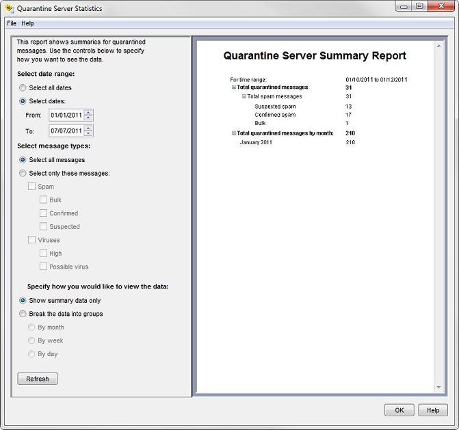 Screen shot of the Quarantine server statistics dialog box