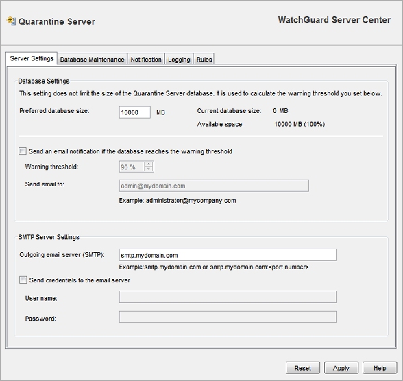 Quarantine Server Configuration, Server Settings dialog box.