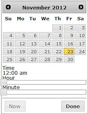 Screen shot of the date and time selection calendar