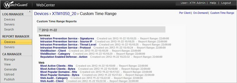 Screen shot of the Custom Time Range Reports list