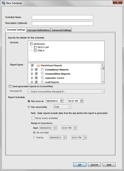 Screen shot of the New Schedule dialog box with ConnectWise Reports selected
