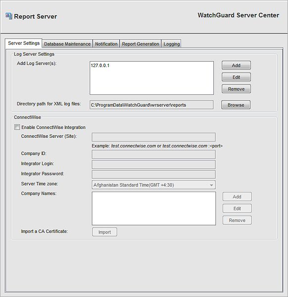 Screen shot of the WatchGuard Server Center Report Server page