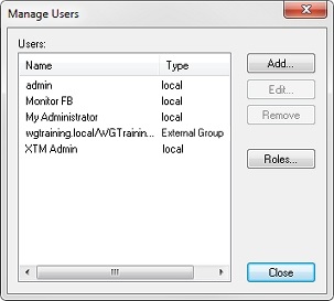 Screen shot of the Manage Users dialog box