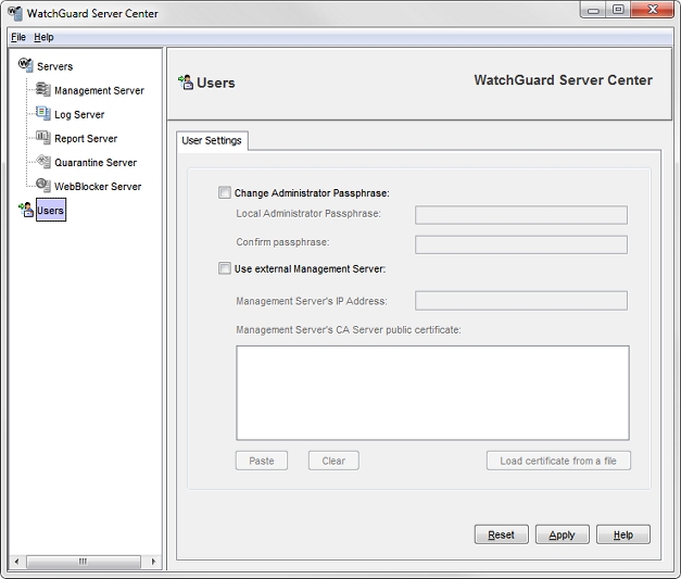 Screen shot of the User Settings page to configure an external Management Server