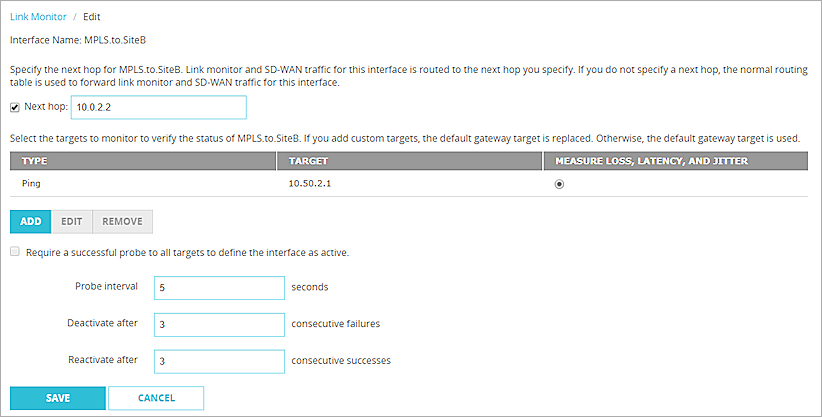 Screen shot of the Link Monitor settings for Site A