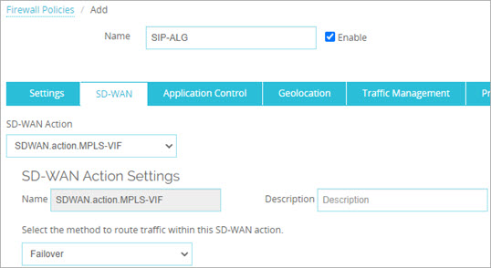 Screen shot of the SD-WAN action selection