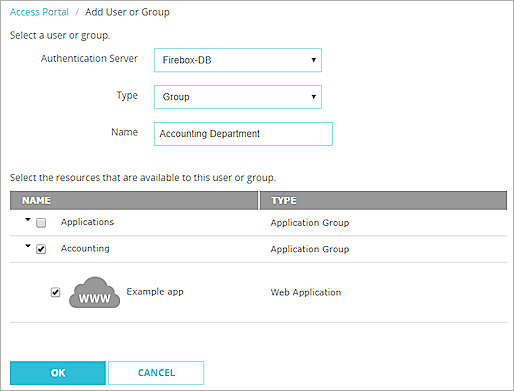 Screen shot of the Add User or Group page in the Access Portal