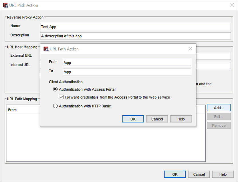 Screenshot that shows the URL path action window.