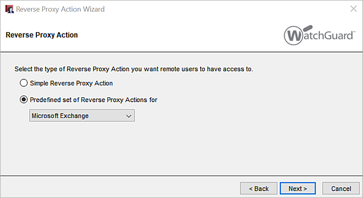 Screenshot that shows the selection of which type of reverse proxy action to add.