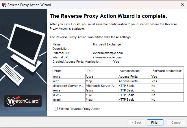 Screenshot that shows the last page of the Reverse Proxy Action wizard, with all settings visible.
