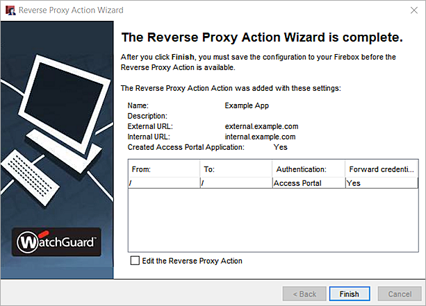 Screenshot that shows the last page of the Reverse Proxy Action wizard, with all settings visible.